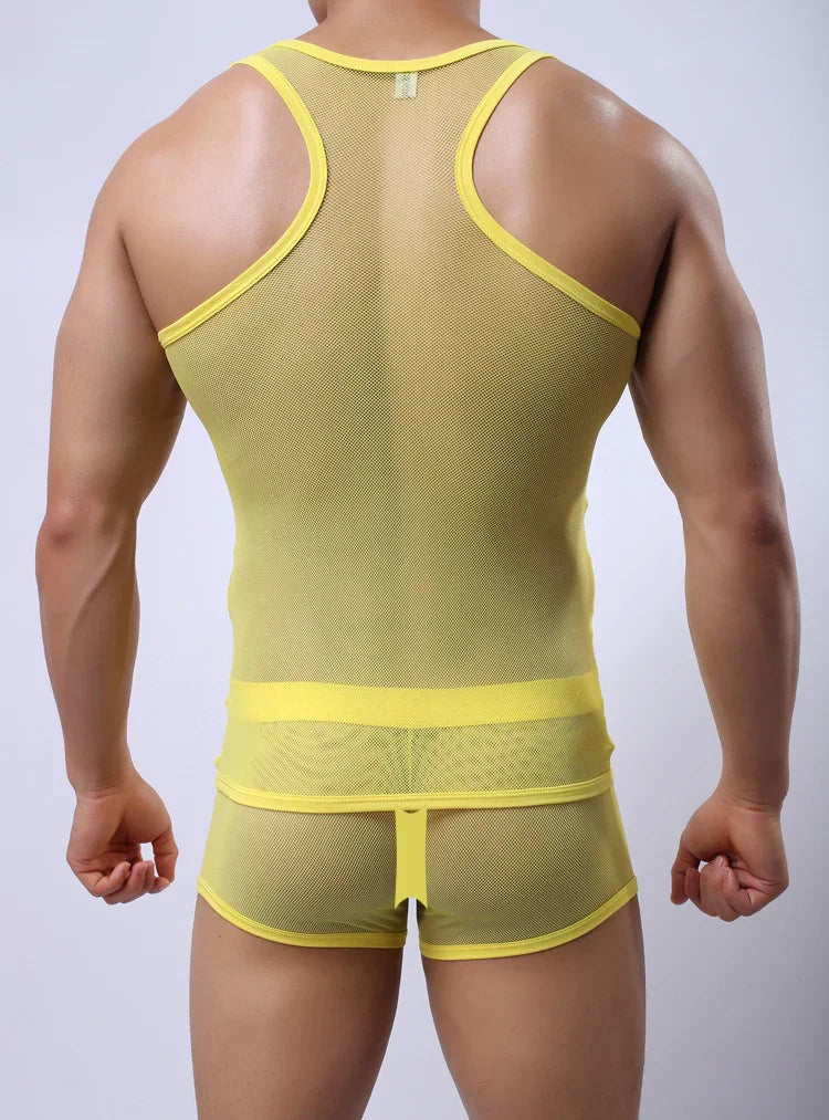 Male model wearing yellow mesh tank top and matching boxer briefs, back view fashion apparel