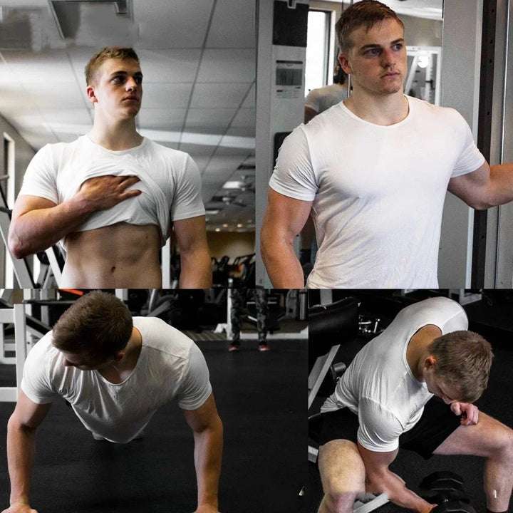 Young muscular man in white t-shirt performing gym exercises including push-ups and dumbbell curls
