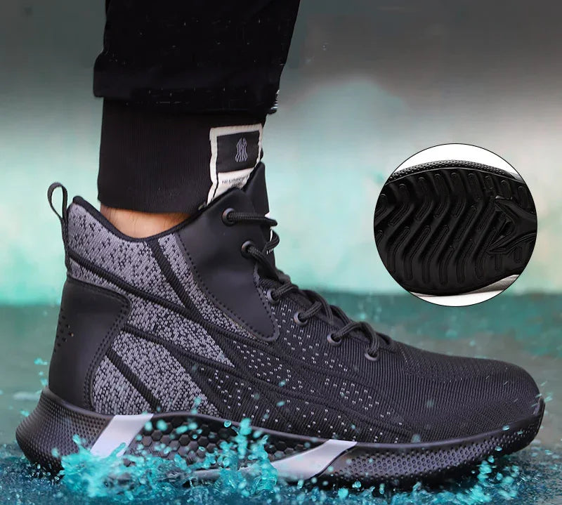 Black and gray waterproof high-top athletic sneaker splashing water with close-up of textured sole