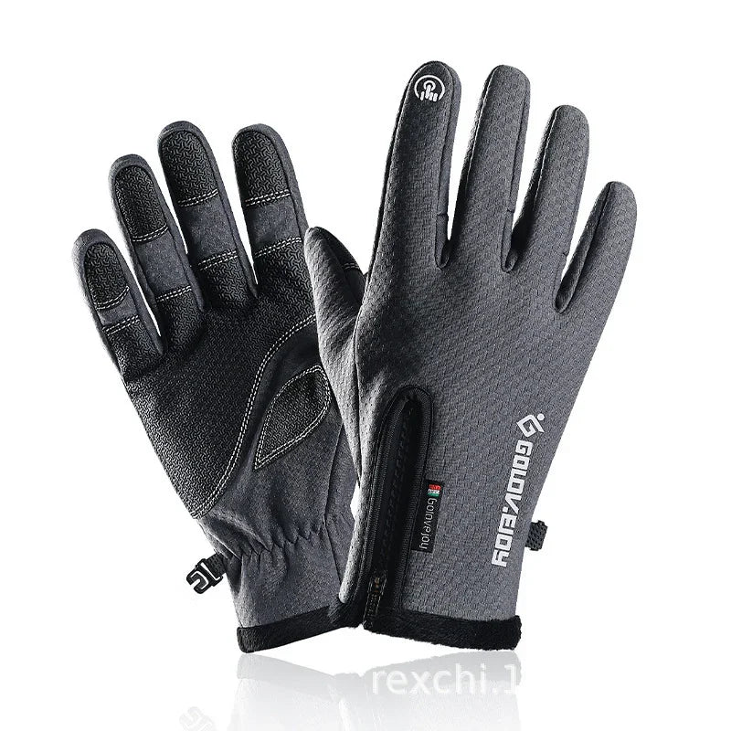 Pair of gray waterproof thermal gloves with touchscreen tips and zipper closure for winter outdoor activities