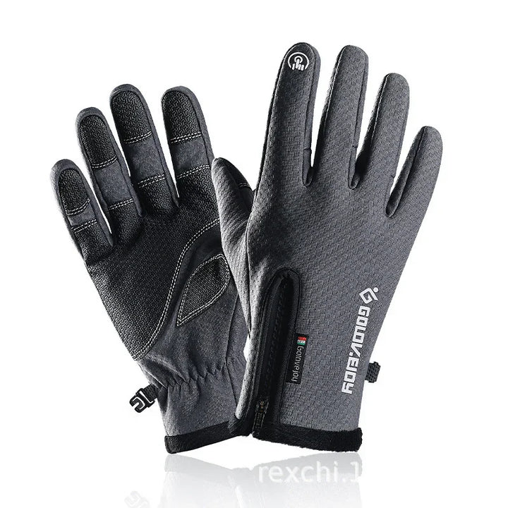 Pair of gray waterproof thermal gloves with touchscreen tips and zipper closure for winter outdoor activities