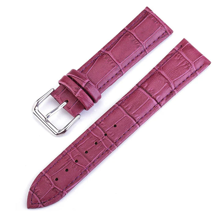 Purple crocodile leather watch strap with silver buckle and stitching details