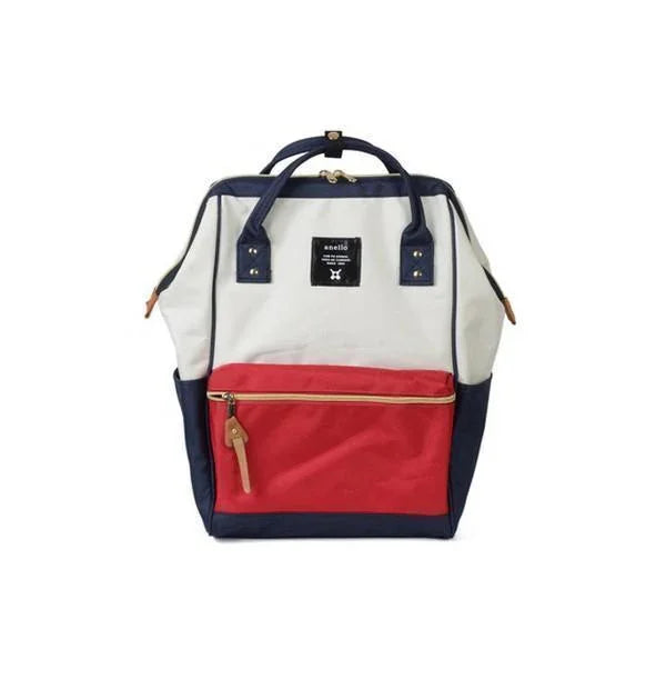 Anello brand two-tone backpack with beige body, navy handles, red front pocket, and gold zipper