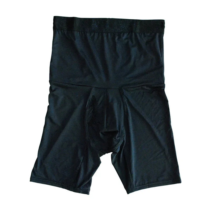 Black men's compression shorts with high waistband and padded crotch for cycling