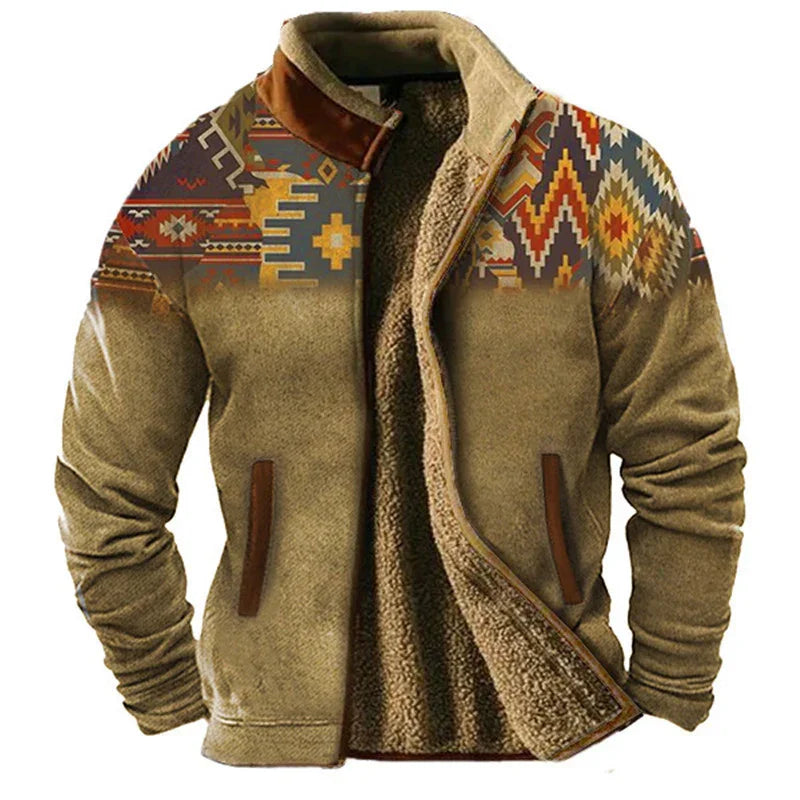 Men's brown fleece jacket with colorful southwestern geometric pattern on shoulders and leather accents