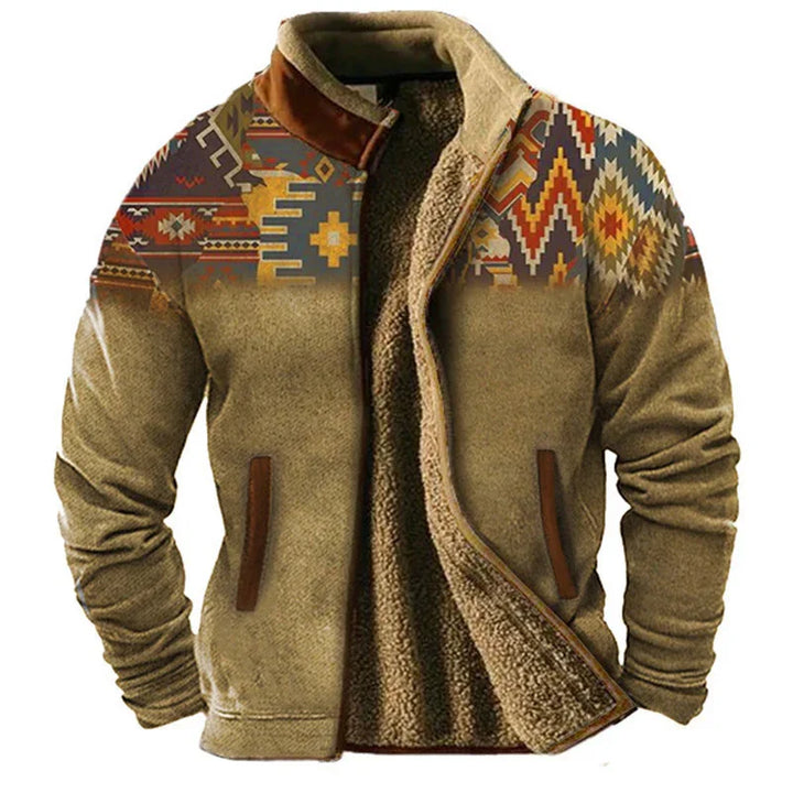Men's brown fleece jacket with colorful southwestern geometric pattern on shoulders and leather accents