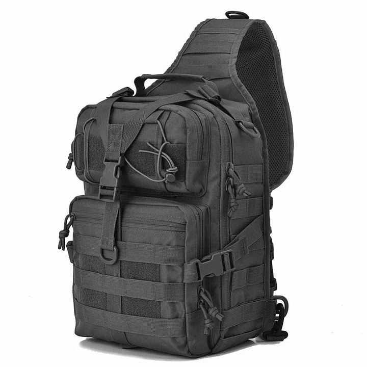 Black tactical sling backpack with multiple zippered compartments and adjustable straps