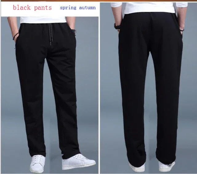 Men's black casual pants with drawstring, shown front and back, styled for spring and autumn