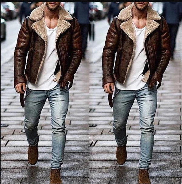 Man walking on city street wearing brown shearling leather jacket, white t-shirt, light blue jeans, and brown boots