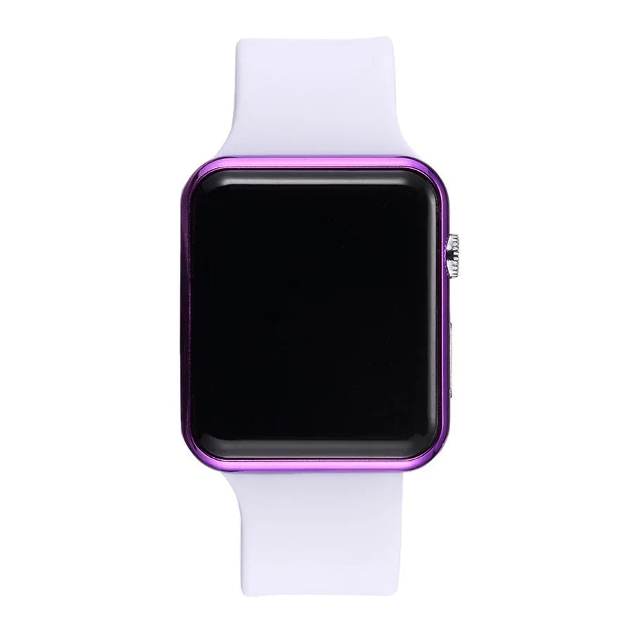 Smartwatch with purple metal case and white silicone wristband on white background
