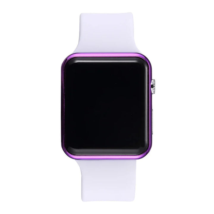 Smartwatch with purple metal case and white silicone wristband on white background
