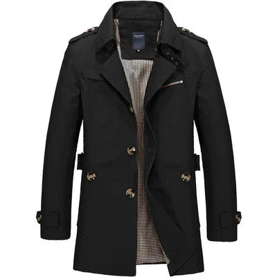black men's trench coat with button and zip details, checkered inner lining, and epaulets