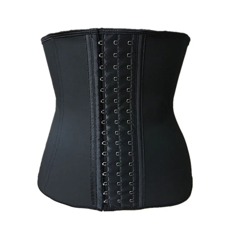 Black waist trainer corset with hook-and-eye front closure for body shaping