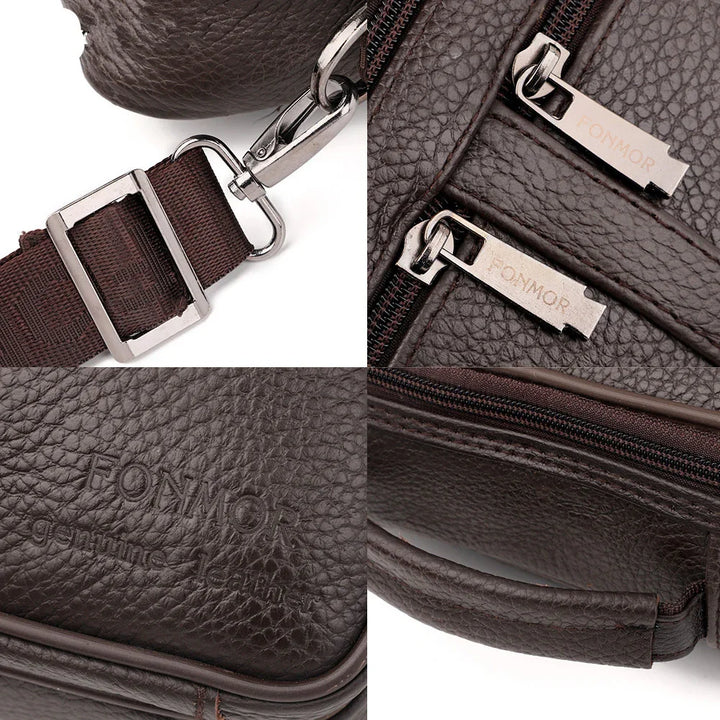 Close-up details of dark brown FONMOR genuine leather bag with metal zippers and adjustable strap