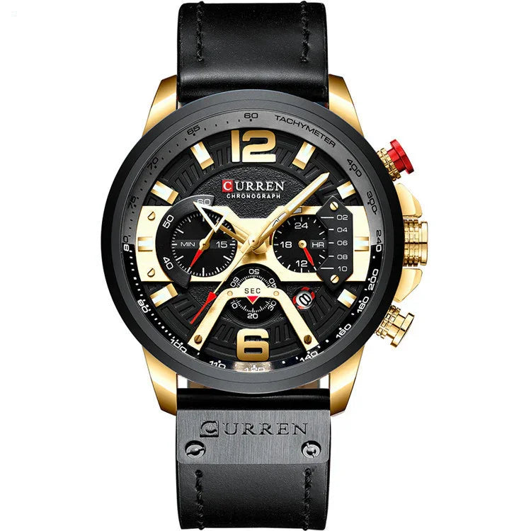 Curren men's chronograph watch with black dial, gold accents, tachymeter, and black leather strap