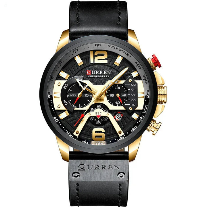 Curren men's chronograph watch with black dial, gold accents, tachymeter, and black leather strap
