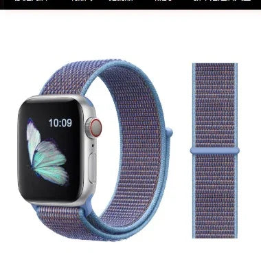 Smartwatch with blue and purple woven nylon band displaying butterfly on screen