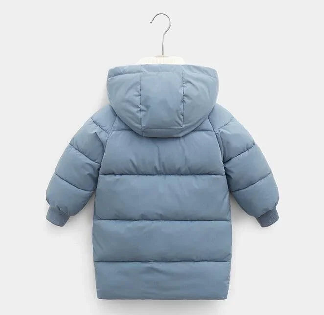 Back view of a light blue padded kids winter coat with hood and ribbed cuffs on white background