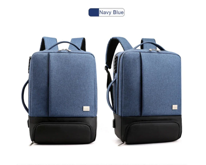Navy blue and black modern backpack with top handle and padded straps, front and side views