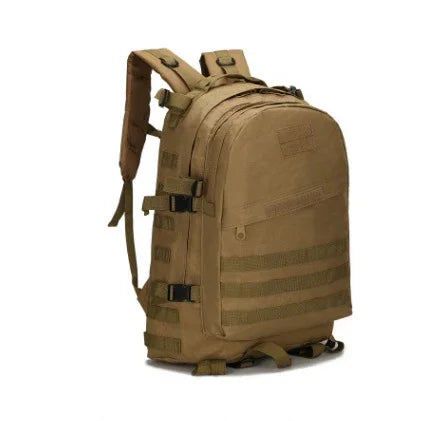 tan tactical backpack with multiple compartments, MOLLE straps, and adjustable shoulder straps