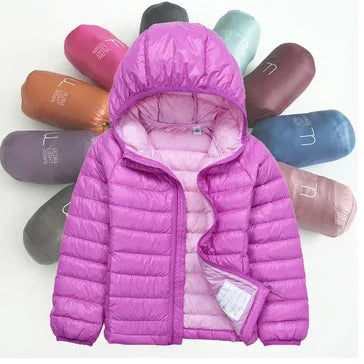 Purple hooded lightweight puffer jacket displayed over multiple packed jackets in various colors