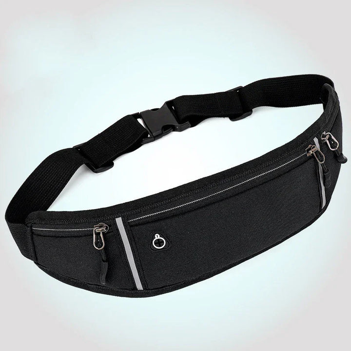 Black adjustable running belt with multiple zippered pockets and reflective strip on light background