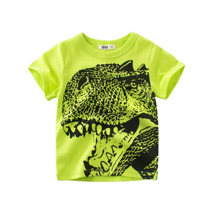 Bright green toddler T-shirt with a large black roaring dinosaur graphic print