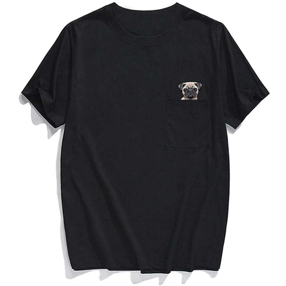 Black short-sleeve T-shirt with a small pug dog illustration peeking out from the front pocket