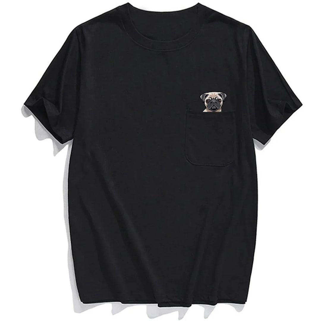 Black short-sleeve T-shirt with a small pug dog illustration peeking out from the front pocket
