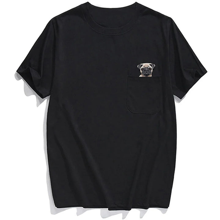 Black short-sleeve T-shirt with a small pug dog illustration peeking out from the front pocket