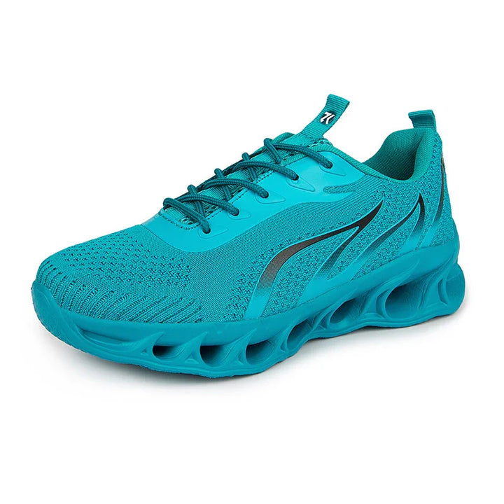 Teal blue athletic running shoe with breathable knit upper and innovative hollow sole design