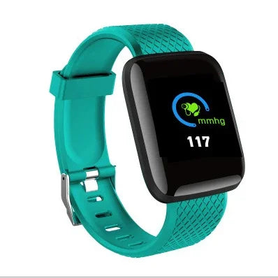 Teal fitness tracker with black screen displaying blood pressure measurement of 117 mmHg