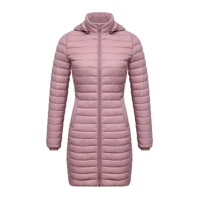 Women's long pink puffer jacket with hood and front zipper insulated coat