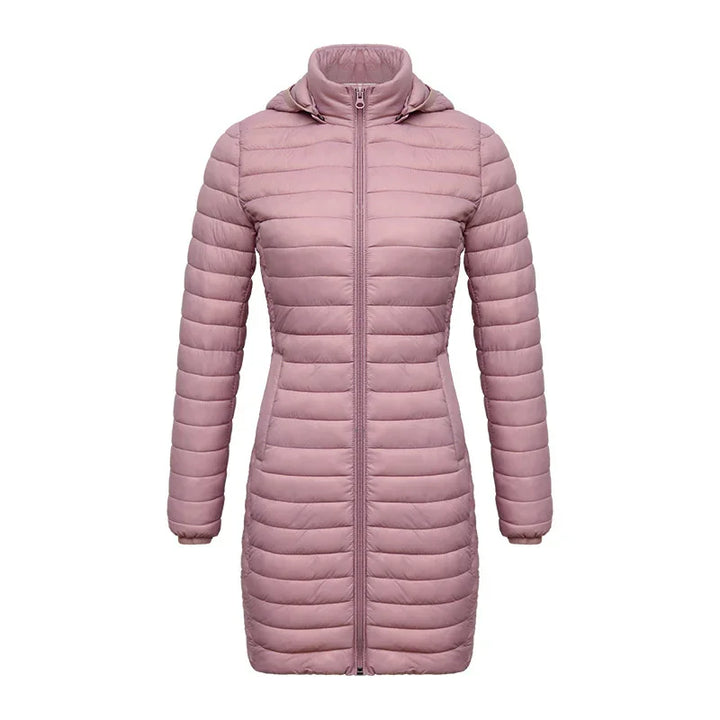 Women's long pink puffer jacket with hood and front zipper insulated coat