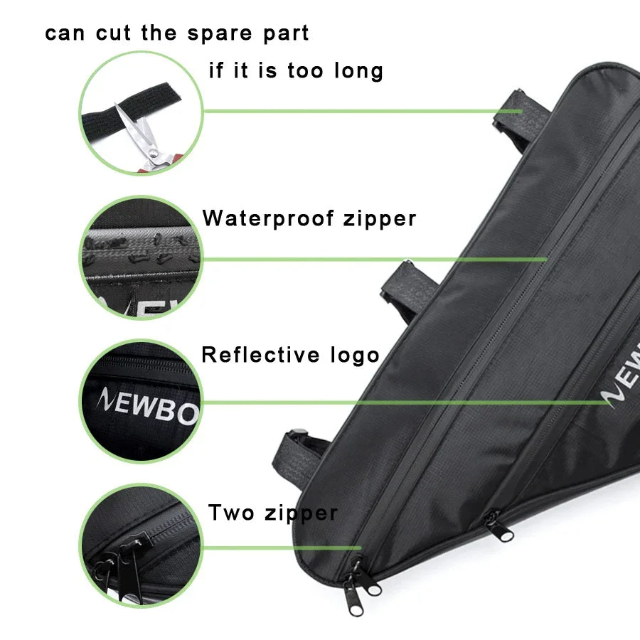 Black triangle bike frame bag with waterproof zippers, reflective logo, and adjustable straps.
