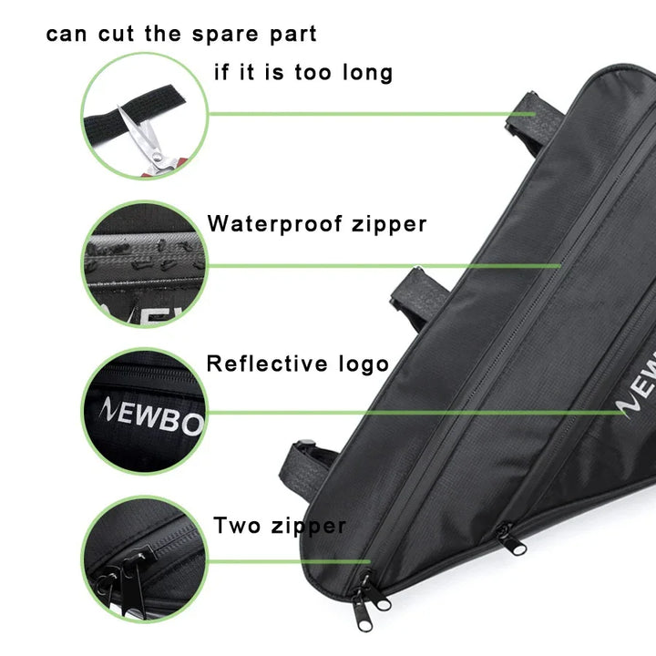Black triangle bike frame bag with waterproof zippers, reflective logo, and adjustable straps.