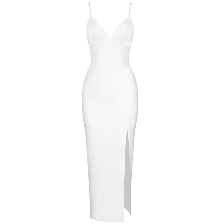 White sleeveless bodycon midi dress with spaghetti straps and side slit