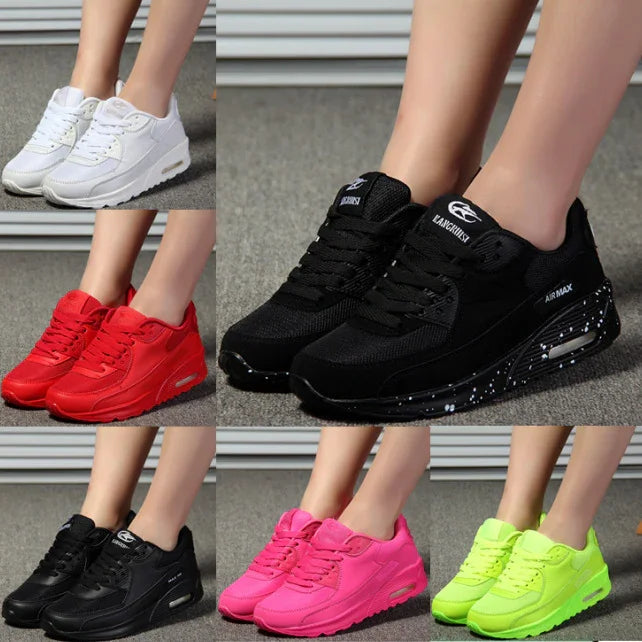 Colorful athletic sneakers including white, red, black with speckles, solid black, bright pink, and neon green on feet