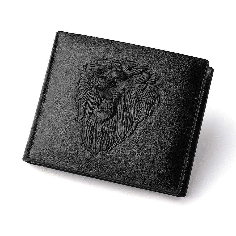 Black leather wallet with embossed roaring lion head design on the front