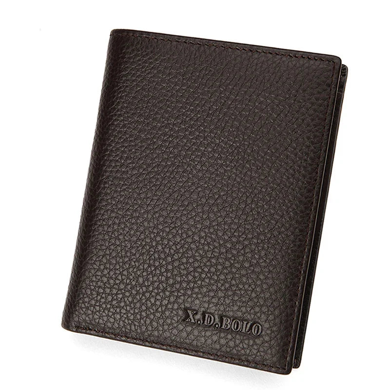 Dark brown textured leather wallet with X.D.BOLO embossed logo on white background