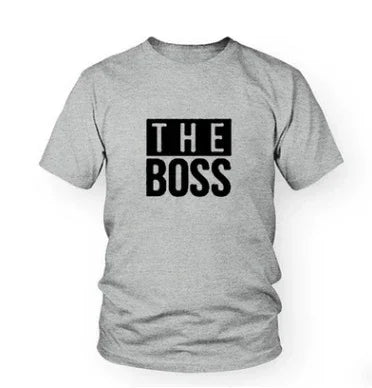 Gray t-shirt with bold black text saying THE BOSS on front
