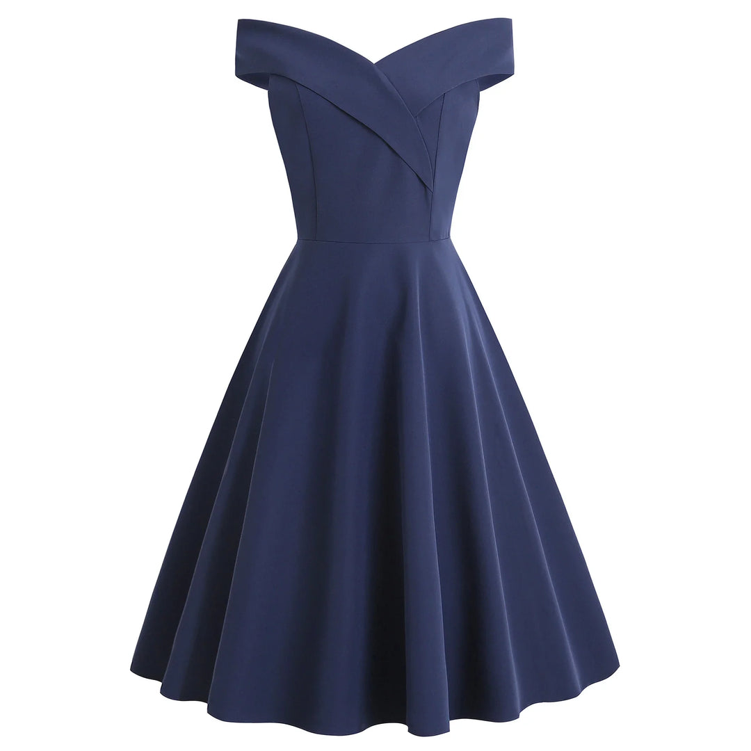 Elegant navy blue off-shoulder fit and flare midi dress with wide neckline