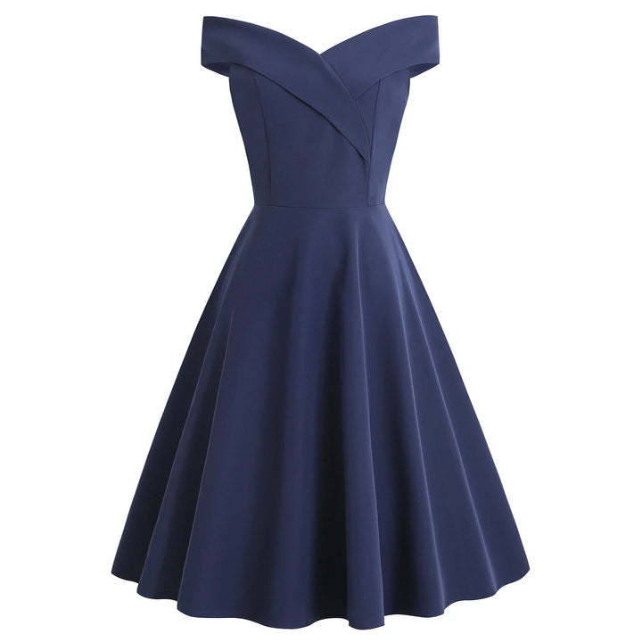Elegant navy blue off-shoulder fit and flare midi dress with wide neckline