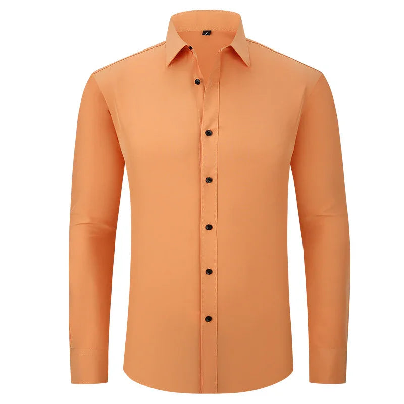 Men's orange long-sleeve dress shirt with black buttons and pointed collar