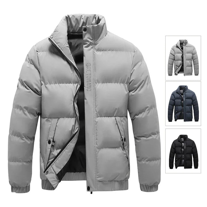 Grey padded winter jacket with zipper and snap button pockets, available in blue and black