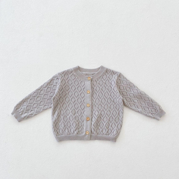 Gray baby cardigan with diamond knit pattern and wooden buttons on white background