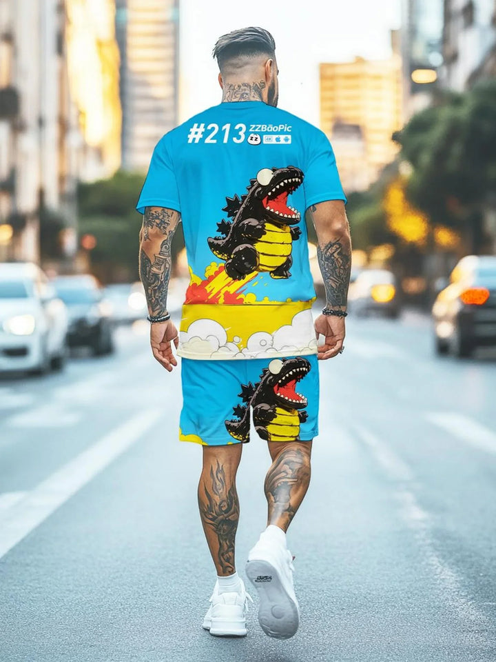 Man with tattoos wearing bright blue cartoon dinosaur print shorts and t-shirt walking on city street
