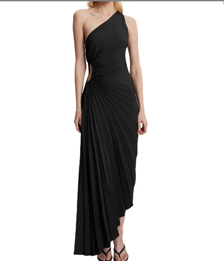 Elegant black one-shoulder evening gown with pleated skirt and side cutout detail