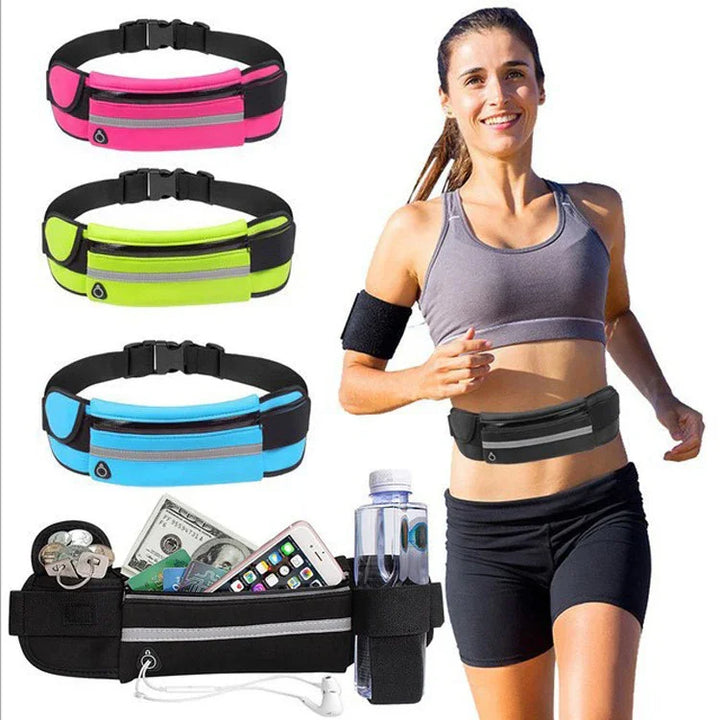 Woman running wearing black running waist belt with water bottle holder and zipper pouch, plus pink, green, and blue waist belts with reflective strips