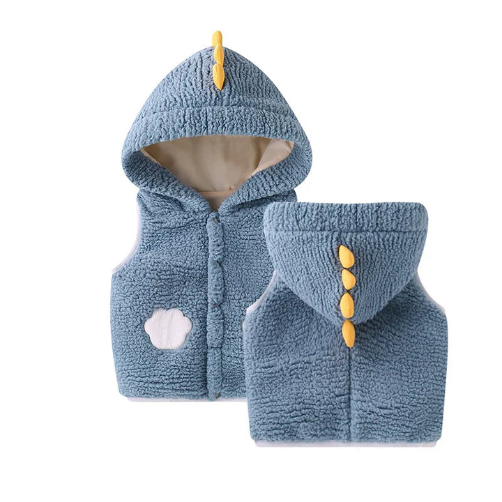 Blue toddler hooded vest with soft fleece fabric and yellow dinosaur spikes on hood